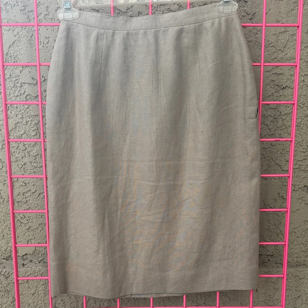 Vintage Jones New York Taupe Button-Front Linen Pencil Skirt with Pockets